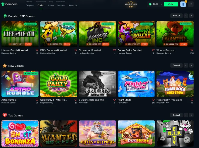Gamdom Casino lobby with Boosted RTP, New and Top Games rows